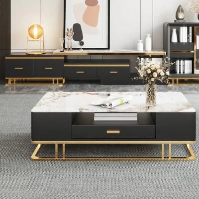 Nocturne – TV Unit and Coffee Table Set in Natural Wood with Gold Stainless Steel Accents and Marble-Look Top