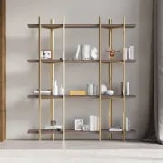 Aurore Display Shelf – Natural Wood & Gold Metal Frame