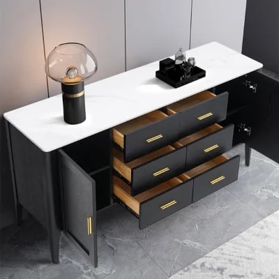 Lisco Sideboard – Natural Wood with Marble Top and Golden Handles