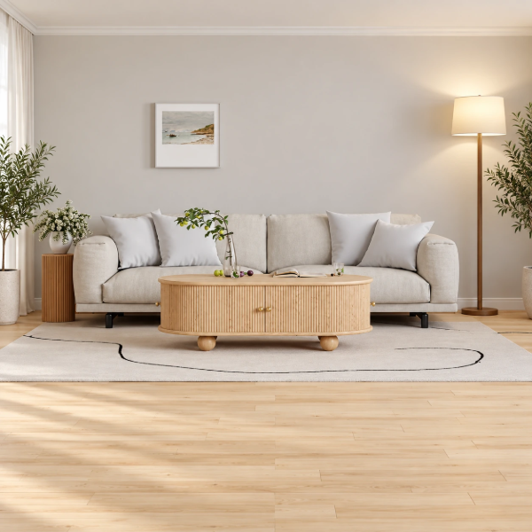 Tondo Oval Coffee Table – Natural Wood with Storage & Round Legs