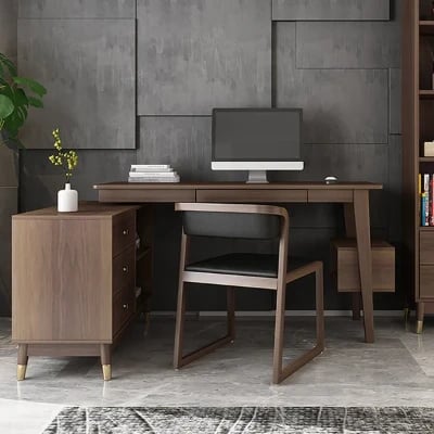 Picture of Ultic – L-Shaped Natural Wood Home Desk with Drawers & Shelf