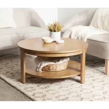 Orion – Round Coffee Table with Rotating Top & Lower Shelf – Natural Wood