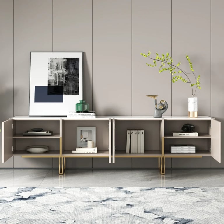 Élory - Natural Wood TV Stand with Stainless Steel Legs & Marble-Look Top