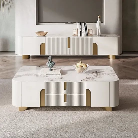 Élivane – Coffee Table & TV Unit Set with Marble and Gold Accents