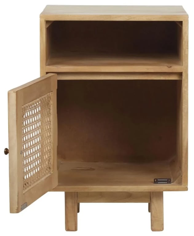 Zoya –Natural Wood Rattan Bedside Cabinet with Door & Open Shelf