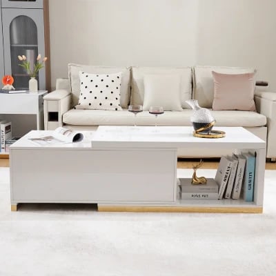 Luvano Extendable Coffee Table – White Finish with Storage Shelf
