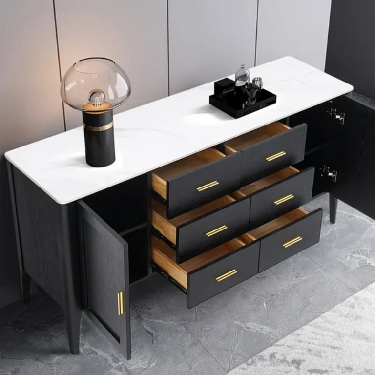 Lisco Sideboard – Natural Wood with Marble Top and Golden Handles
