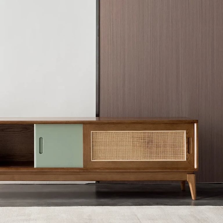 Cottage Walnut TV Stand for 80 inch TV with 2 Drawers & 2 Doors & Rattan