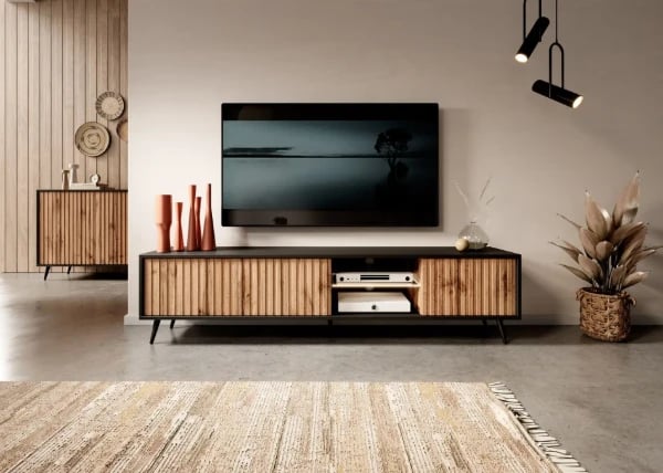 Picture of Nedra Black Natural Wood TV unit  with LED Shelves