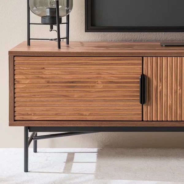 Picture of Ravelo – Walnut Ribbed TV Console with Open Shelves