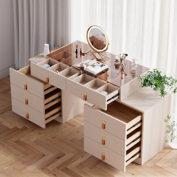 Verona Vanity Set – Dual Natural Wood Storage Cabinets with Elegant Glass Top and Organizer