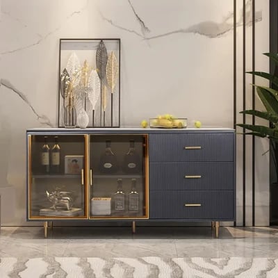 Klamf Sideboard – Natural Wood with Glass Doors and Golden Accents
