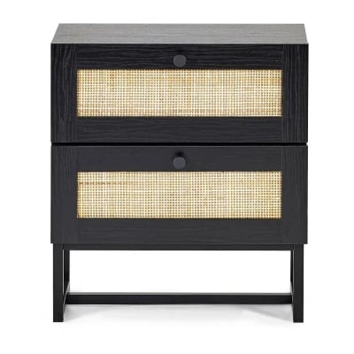 Mira Side Table – Natural Wood with Two Rattan Drawers and Elegant Black Metal Base