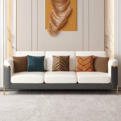 Diora – Sofa Set of Two Sofas & One Armchair with Natural Wood Frame and Gold Stainless-Steel Legs