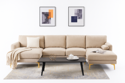 صورة موكا كنبة ركنية على شكل حرف الـ – بقاعدة من الخشب الطبيعي