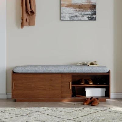 Elara – Natural Wood Storage Bench with Cushioned Seat