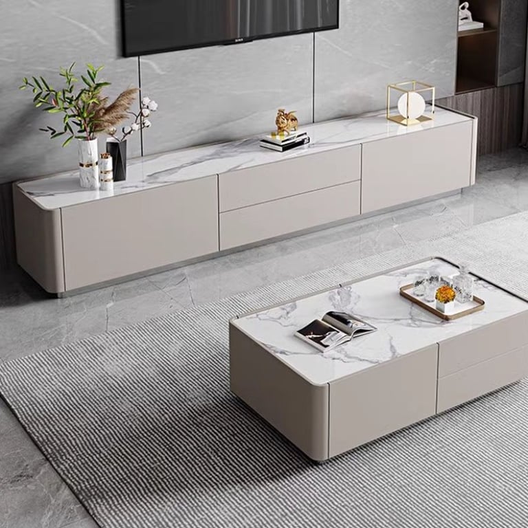 صورة طاولة قهوة لوسترا من الخشب الطبيعي – بسطح حجري وتخزين مخفي