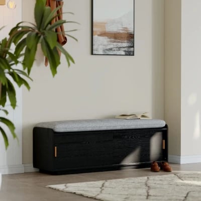 Elara – Natural Wood Storage Bench with Cushioned Seat