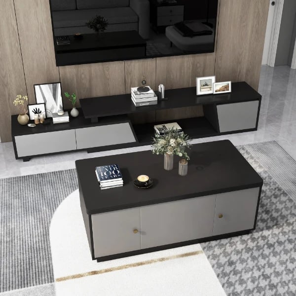 Nerio – Modern TV Unit Set made of Natural Wood with Extendable Design and Multi-Functional Coffee Table