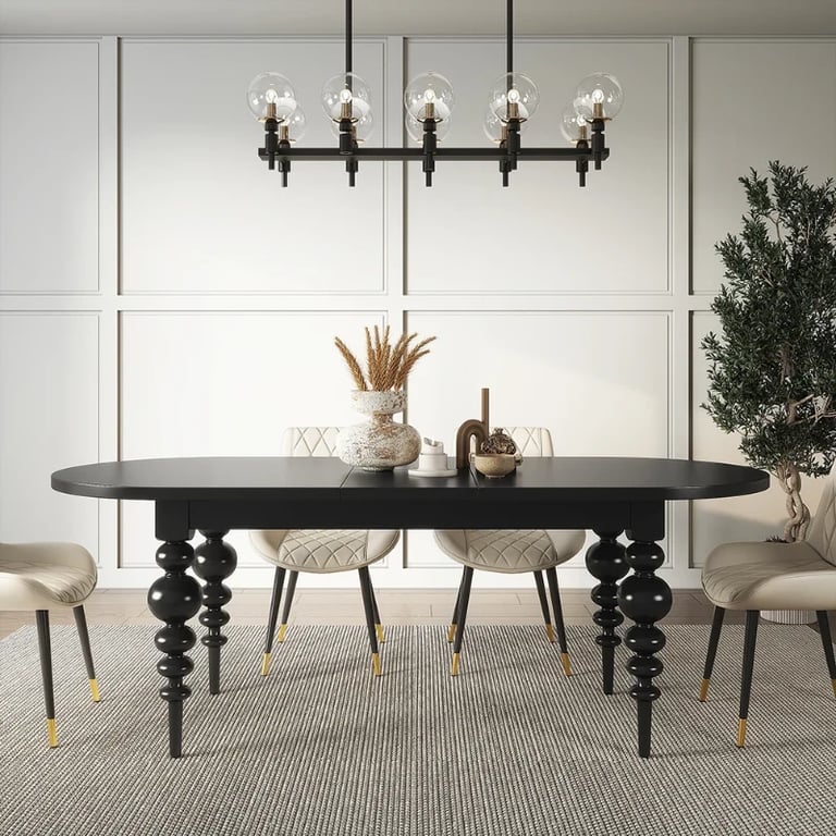 Picture of Elegant Black Oval Dining Table with Sculpted Legs