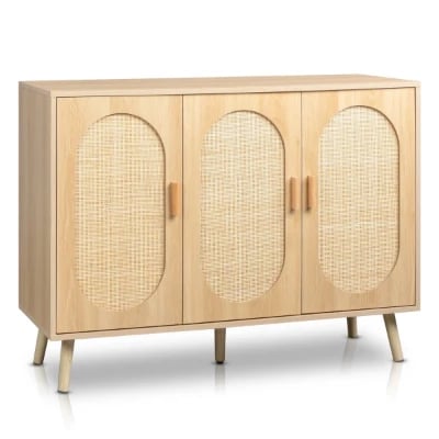 Rubena – Natural Wood Shoe Cabinet with Rattan Front (Three Doors)