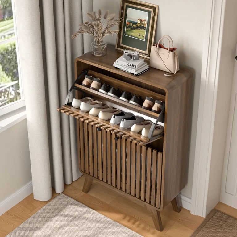 Solvay - Natural Wood Shoe Cabinet with Slatted Front