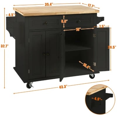 Ash Rolling Kitchen Island with Solid Wood Top