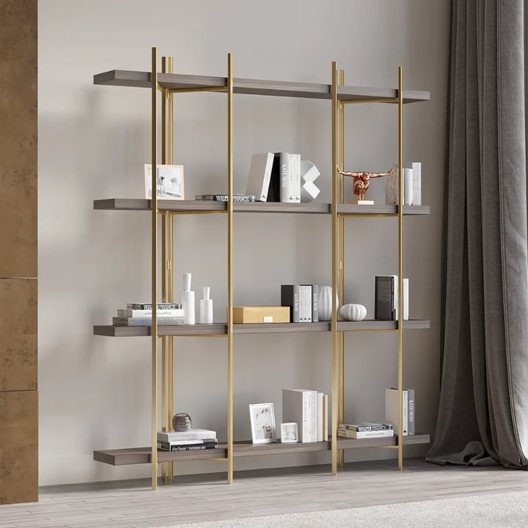 Aurore Display Shelf – Natural Wood & Gold Metal Frame