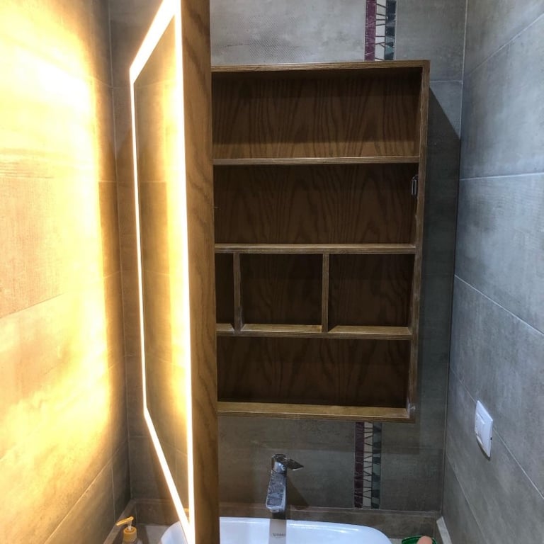 Picture of Peria – Multifunctional LED Bathroom Mirror with Natural Wood Storage