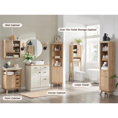 صورة خزانة حمام خشب طبيعي - برونز