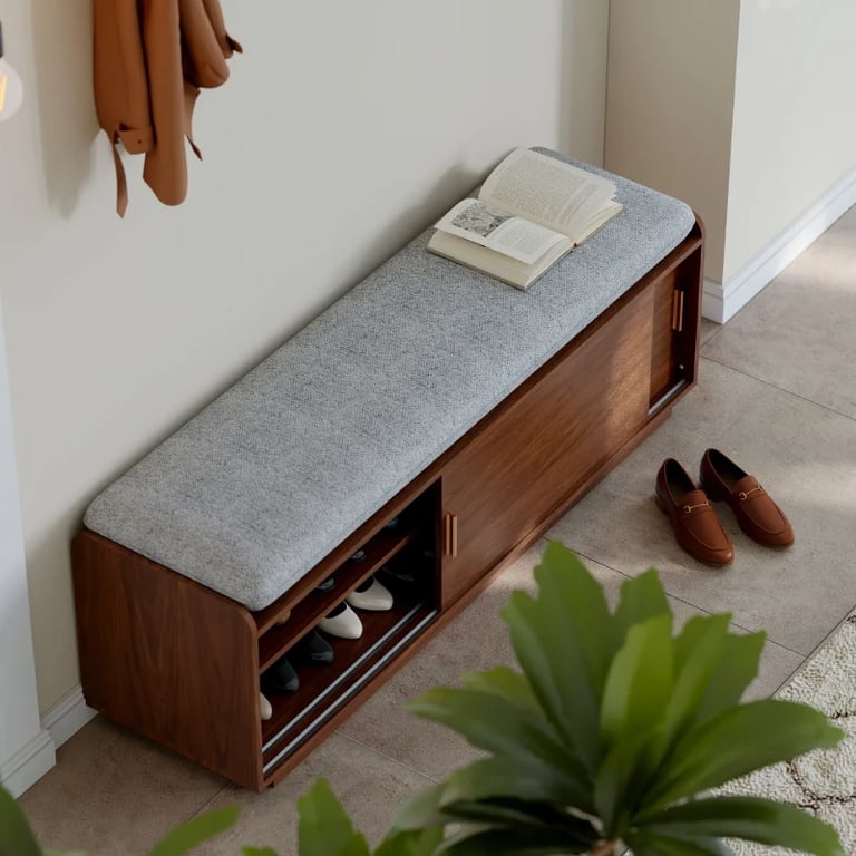 Elara – Natural Wood Storage Bench with Cushioned Seat