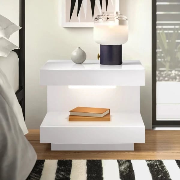 Vens Nightstand – Single Drawer with LED Light and Natural Wood Frame