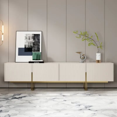 Picture of Valente Natural Wood TV Stand – Brass Base & Fluted Doors