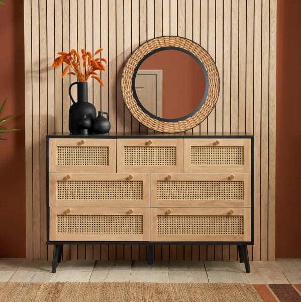 Rivena – Natural & Black Rattan 6-Drawer Wide Chest