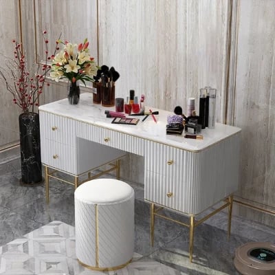 Vanity Dressing Table – Marble-Effect Top with Gold Legs