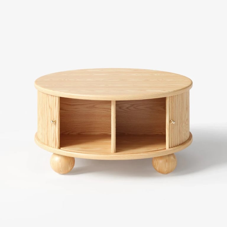 Aureo Round Storage Coffee Table with Sliding Doors – Natural Wood