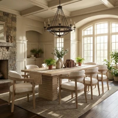 Elvara Dining Set – Natural Wood with Upholstered Chairs