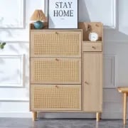 Ravelle - Natural Wood Shoe Cabinet with Rattan Front