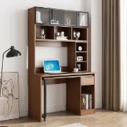 صورة ليڤي – مكتب خشب طبيعي دوّار بشكل ال مع مكتبة