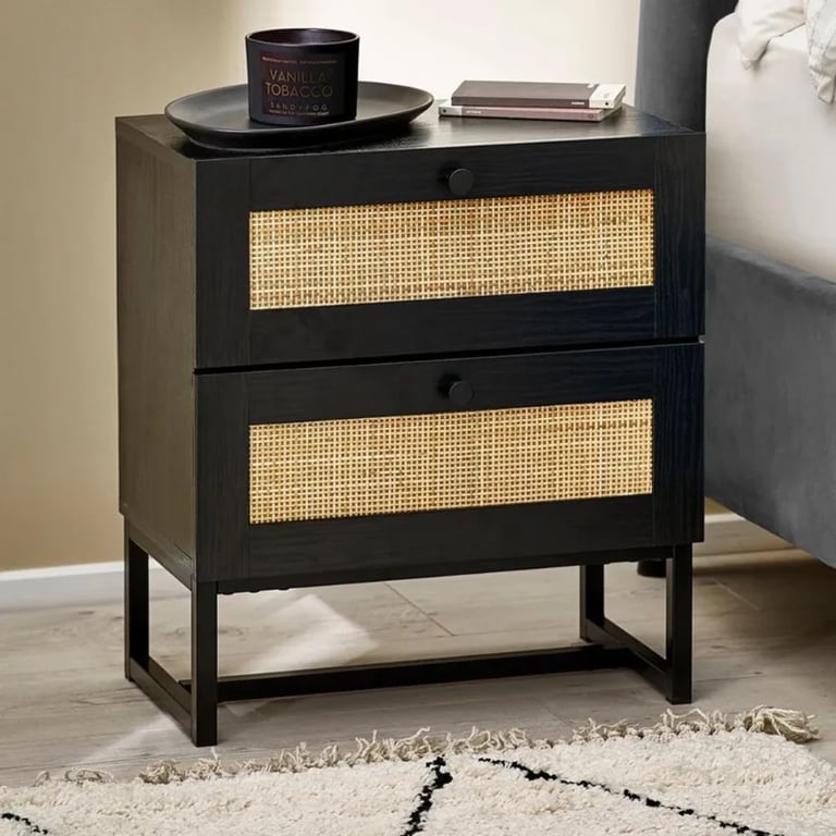 Mira Side Table – Natural Wood with Two Rattan Drawers and Elegant Black Metal Base