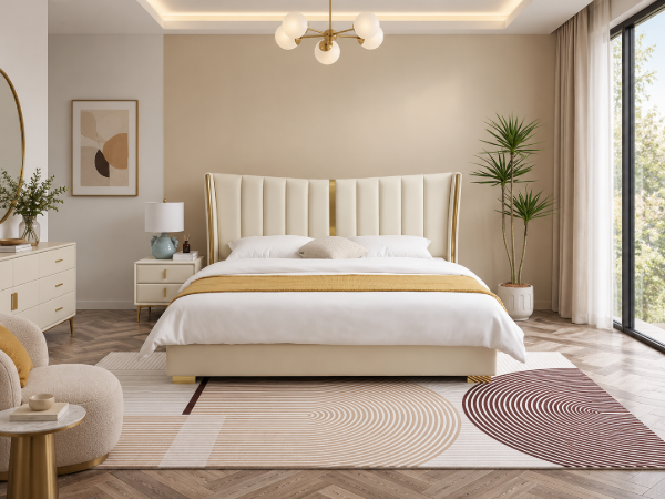 Picture of Luxe Haven Upholstered Bed – Elegant Ivory & Gold