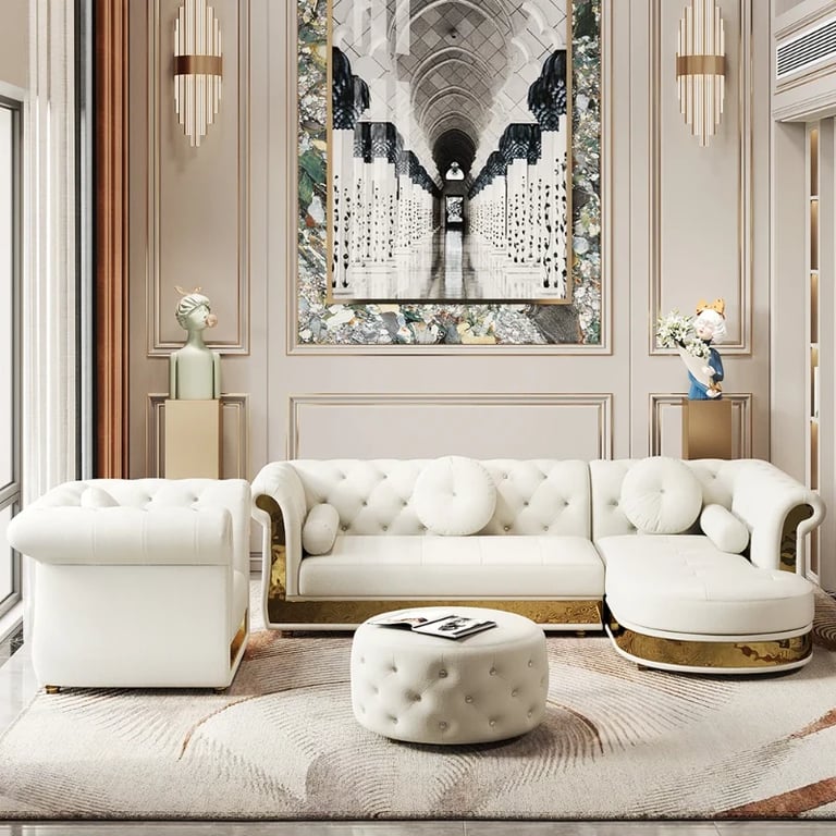 Valencia – Tufted Sectional Sofa made of Natural Wood with Gold Stainless-Steel Touch, featuring Armchair & Chaise Lounge