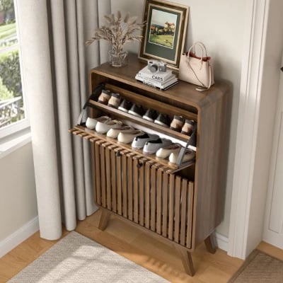Solvay - Natural Wood Shoe Cabinet with Slatted Front