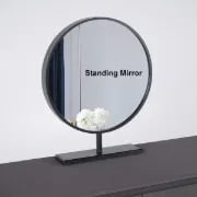 Enigma Vanity with Round Mirror and Elegant Chair – Natural Wood