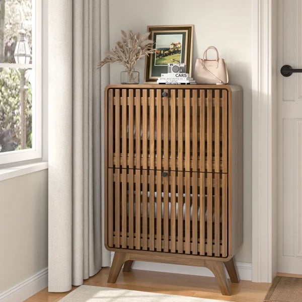 Solvay - Natural Wood Shoe Cabinet with Slatted Front