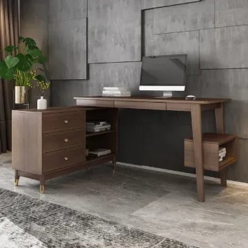 Picture of Ultic – L-Shaped Natural Wood Home Desk with Drawers & Shelf