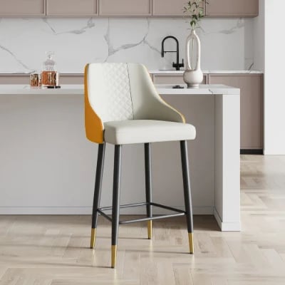 Élégance Bar Stool – Quilted Back with Gold Accents - Natural wood