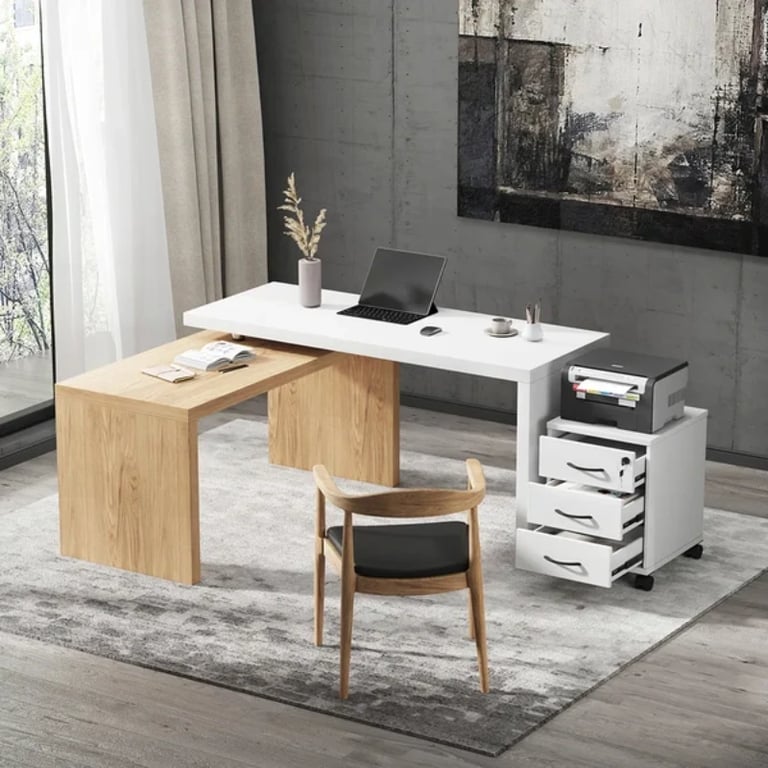 Picture of Alvar –Swivel L-Shaped Desk with Movable File Cabinet -Natural Wood