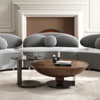 صورة طقم طاولات أوربيتا – تصميم وعاء من الخشب الطبيعي مع طاولة جانبية زجاجية