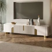 صورة ڤيلورو – وحدة تلفزيون بخشب طبيعي مخطط مع لمسات ذهبية وأناقة الرخام